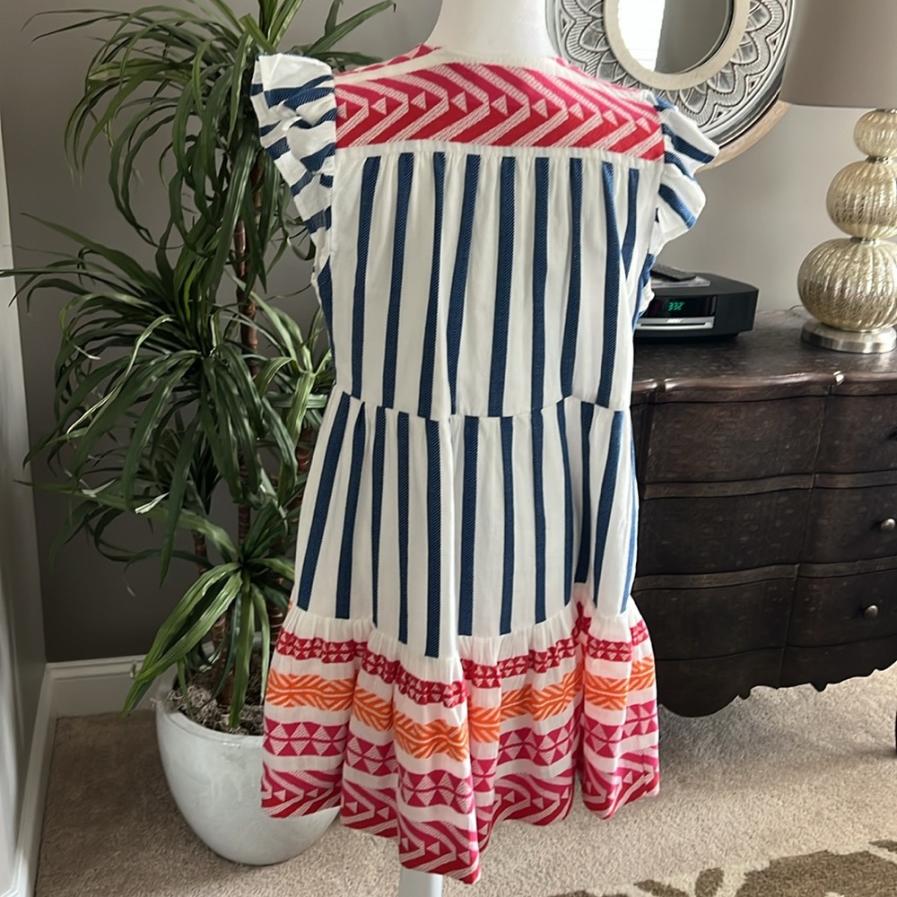 THML Striped Blue and White Dress with Pink and Orange Accents - Picture 7 of 8